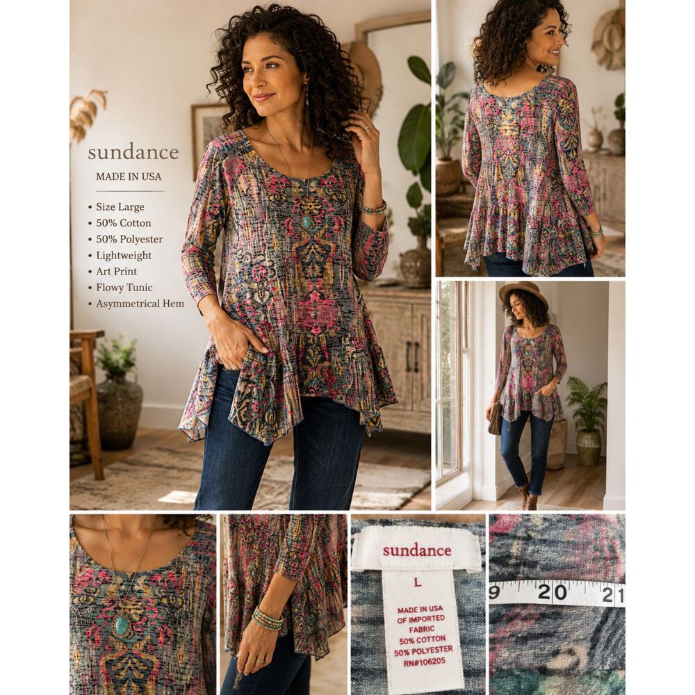 Sundance Catalog Women's Large Multicolor Art Print Boho Tunic Top